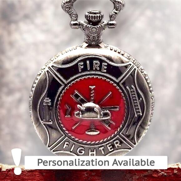 Firefighter Pocket Watch – Vintage Look Silver Red Fireman Gift First Responder - Picture 1 of 10